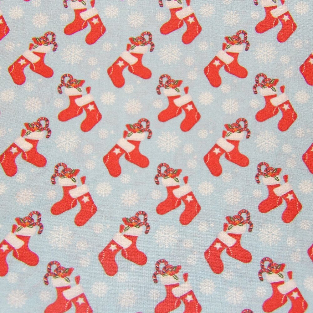 Cotton Fabric Red Christmas Stockings on Blue One Yard